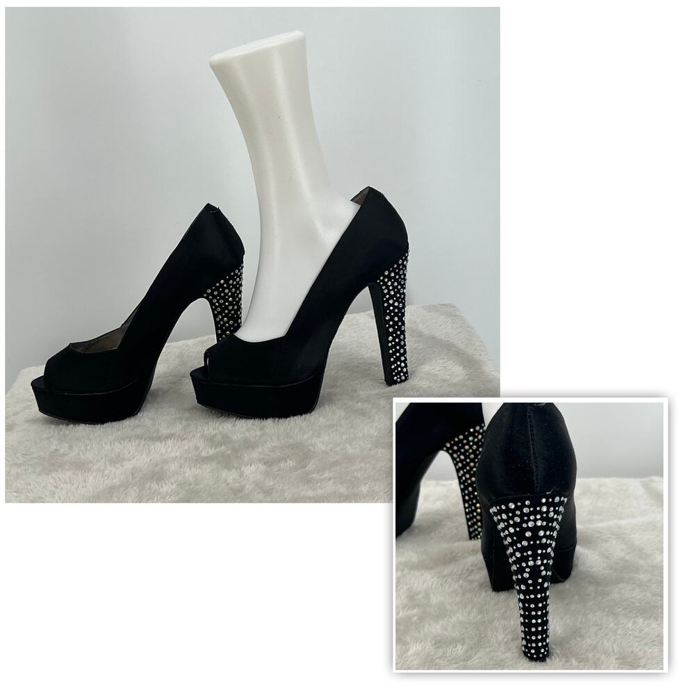 STEVE MADDEN Black Satin Rhinestone Platform Heels 9  Formal Pageant Red Carpet